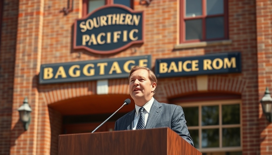 Speaker discussing issues in front of brick building, sunny day.