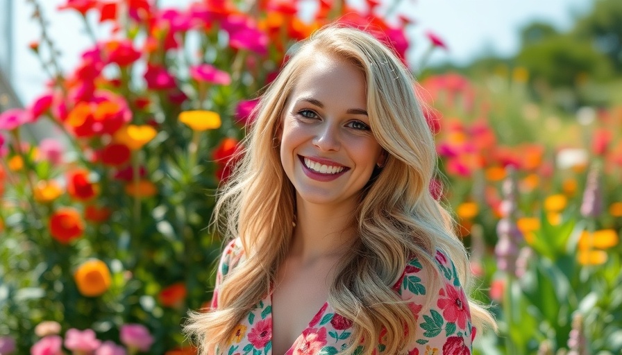 Vibrant floral dress blonde woman smiling outdoors.