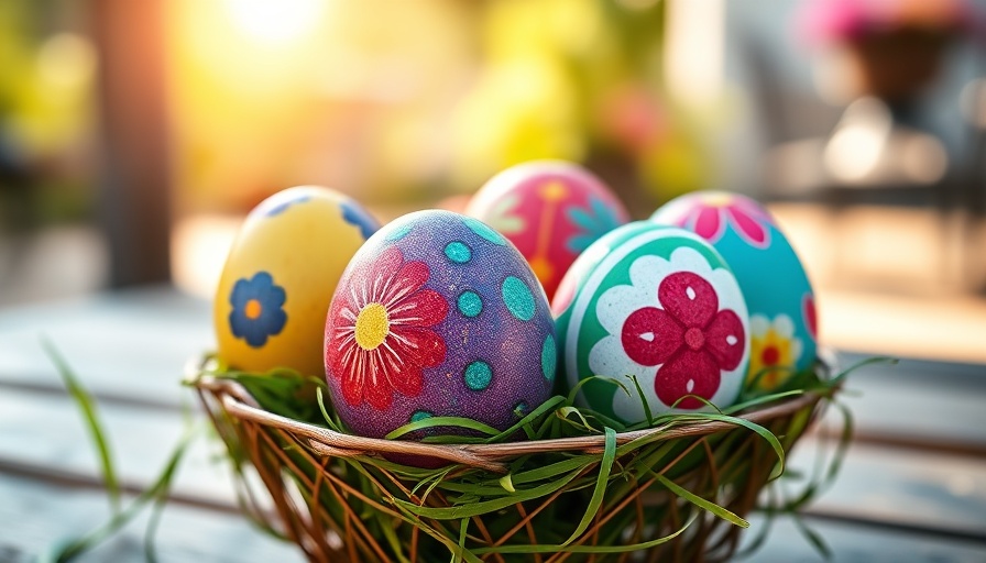 Vibrant painted Easter eggs in a decorative holder outdoors.