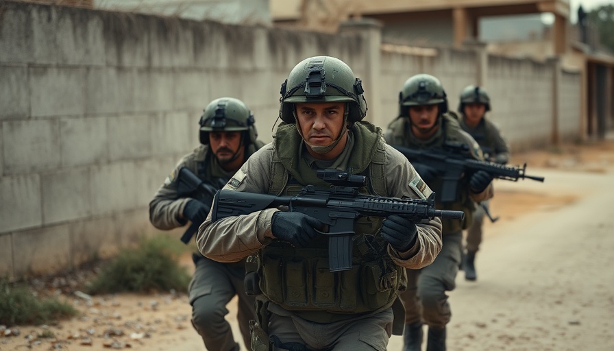 Tactical military unit advancing in urban warfare setting