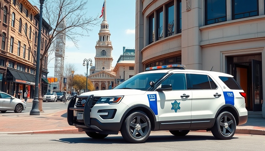 Police SUV at municipal building reflecting local news today.
