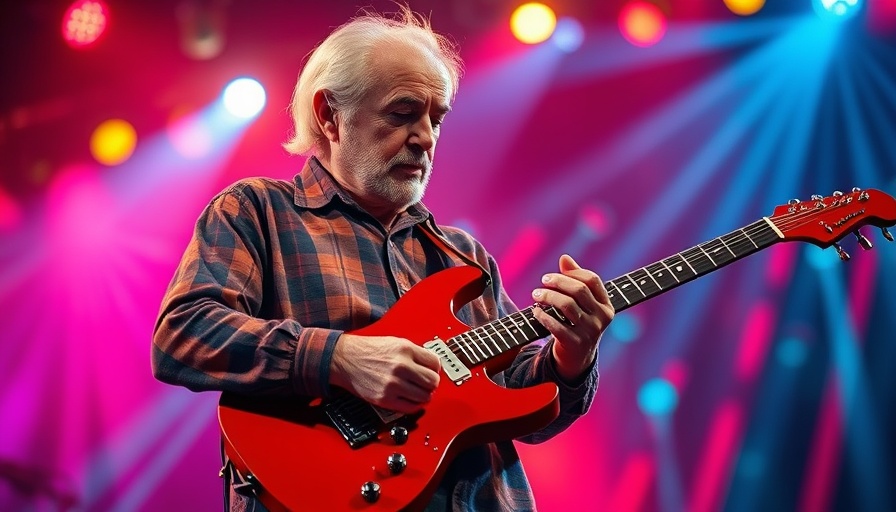 Elderly musician plays guitar under vibrant lights, Oakland Blues Walk of Fame Restoration.
