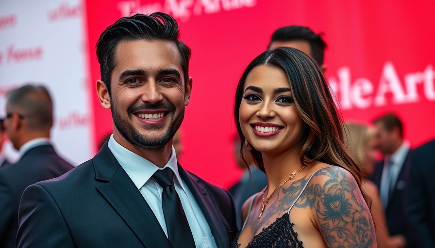 Elegant couple smiling at event with themed backdrop.