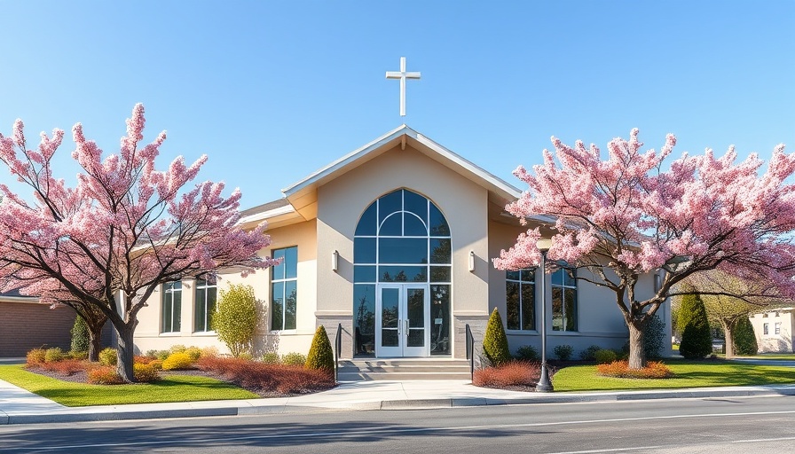 Modern church in Marin with flowering trees, representing religious events.