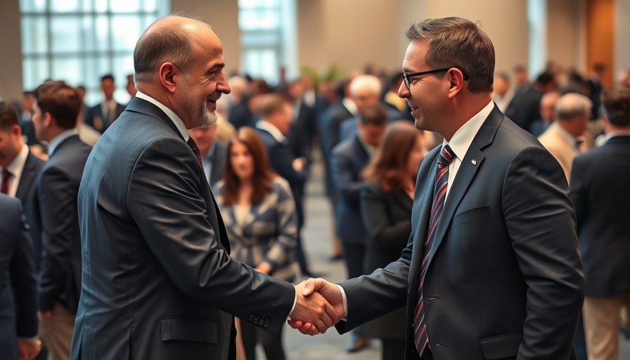 Businessmen handshake amidst a crowd discussing Trump tariffs impact on Tesla.
