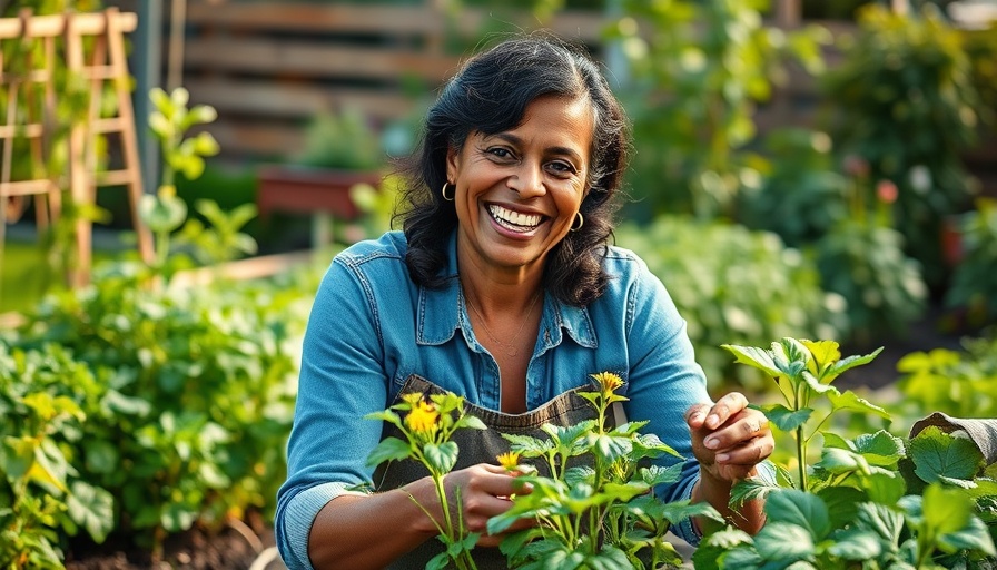Cheerful woman in community garden featured in local news today.