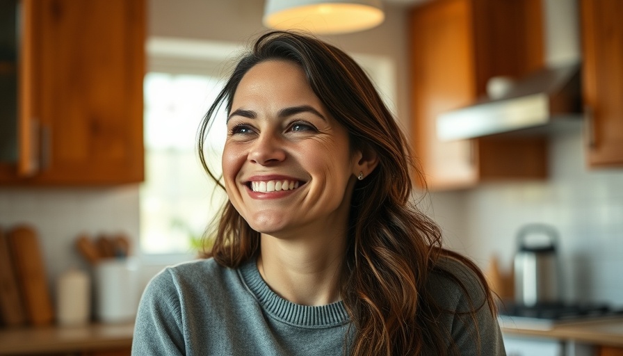 Woman smiling indoors in a warmly lit kitchen, healthcare pricing transparency.