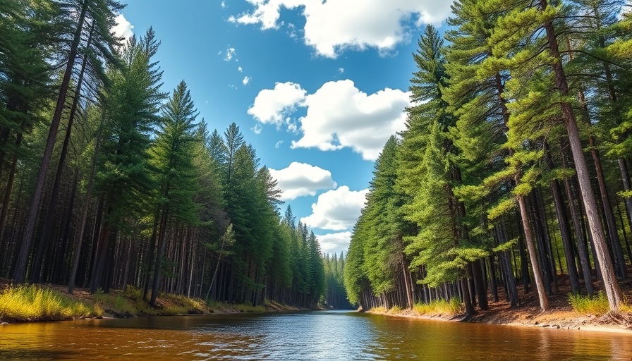 Idaho real estate market forest view, pine trees by river.