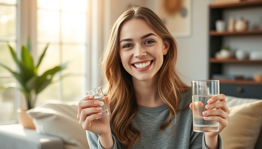 Cheerful young woman takes probiotic pill with water. Probiotics impact mental health concept.