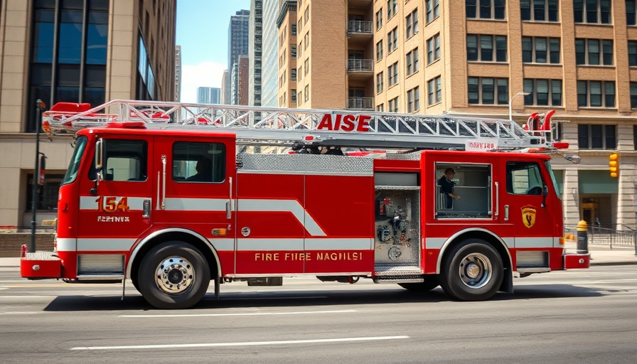 Local Fire Department Rescue vehicle driving through city street.