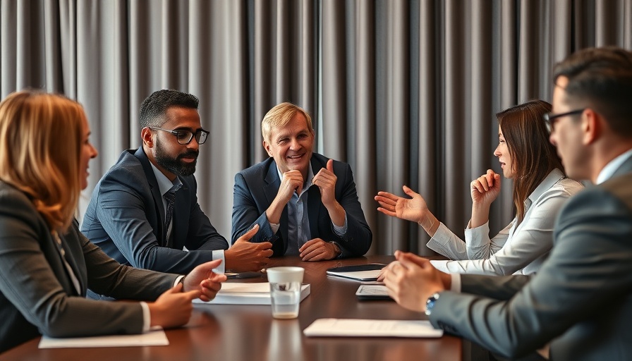 Business professionals discuss startup funding at a conference.