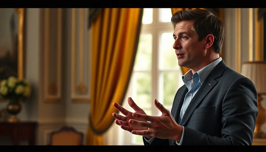 Man gesturing casually with yellow curtains background.