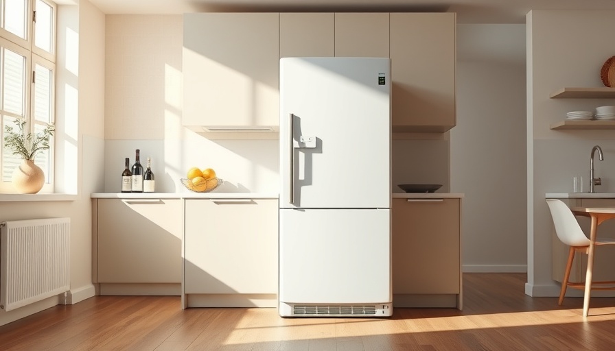Modern kitchen with a sleek refrigerator in bright setting.