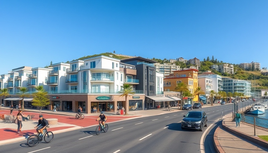 Modern Sausalito waterfront with shops and cyclists, vibrant scene.