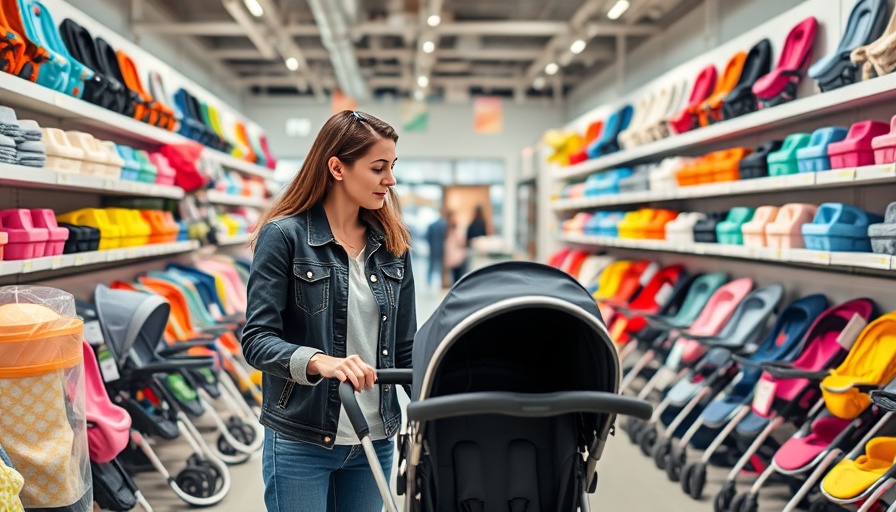 Couple examines stroller in store, reflecting Trump tariffs impact on baby products.