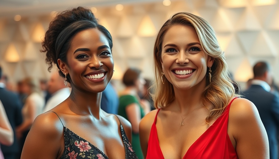 Two women smiling at a formal event with geometrical background, Kristen Stewart wedding plans.