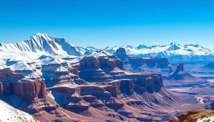 Scenic landscape of snow-capped mountains and red rocks in Colorado.