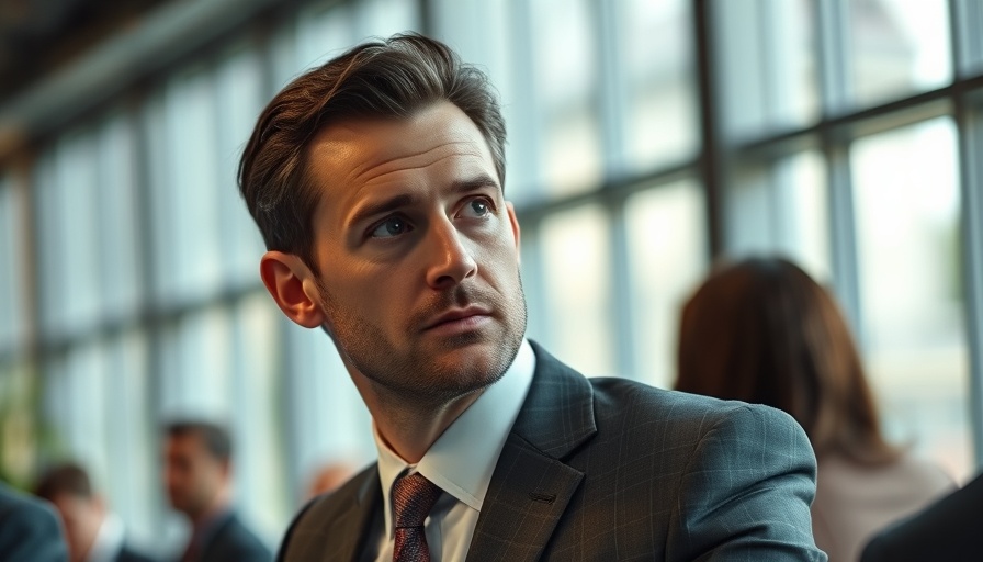 Pensive man observing discussion in office, tariff standoff context