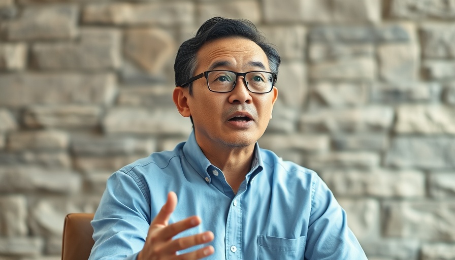Middle-aged Asian man discussing in an office, relating to Fintech Innovations in South Korea.