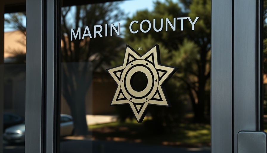Entrance of Marin County Jail with sheriff emblem reflecting surroundings