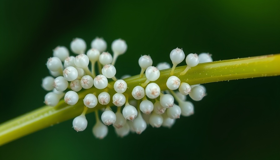 Macro view of mealybugs on a plant stem for garden pests control.
