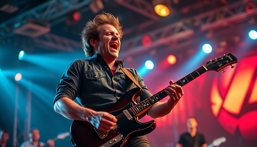 Energetic musician performing on stage at live concert.
