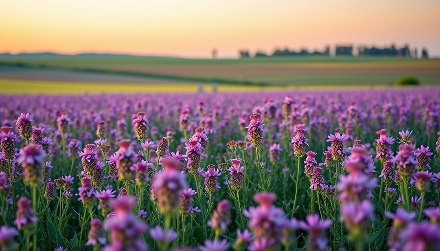 Serene field in Illinois with purple wildflowers during sunset.