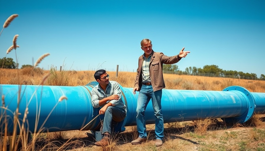 Rio Grande water sharing: men discuss water flow from pipe.