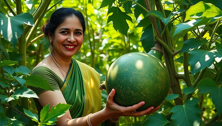Smiling woman harvesting gourd in sustainable agriculture setting.