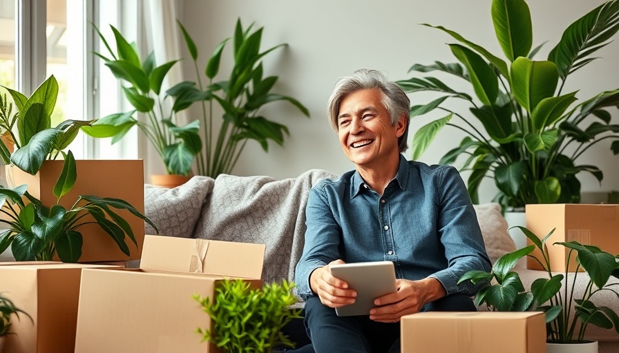 Joyful couple amidst boxes and green plants, moving with plants, smiling.
