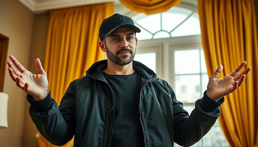 Casual man in black jacket and cap, gesturing indoors.