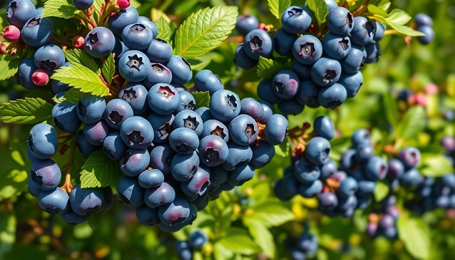 Lush blueberry bush with ripe blueberries in sunny garden, protect blueberries from birds.