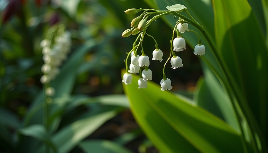 Lily of the valley in garden, surrounded by green leaves.