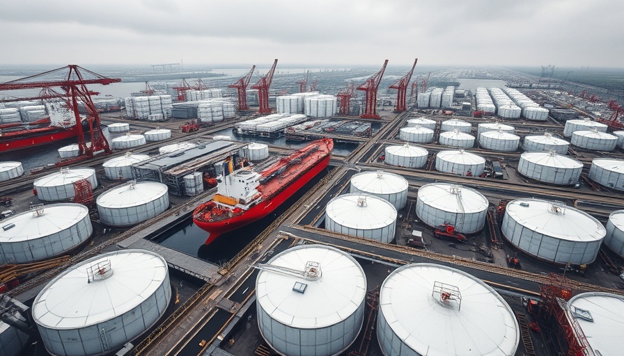 Industrial port with red tanker and storage tanks under overcast sky.