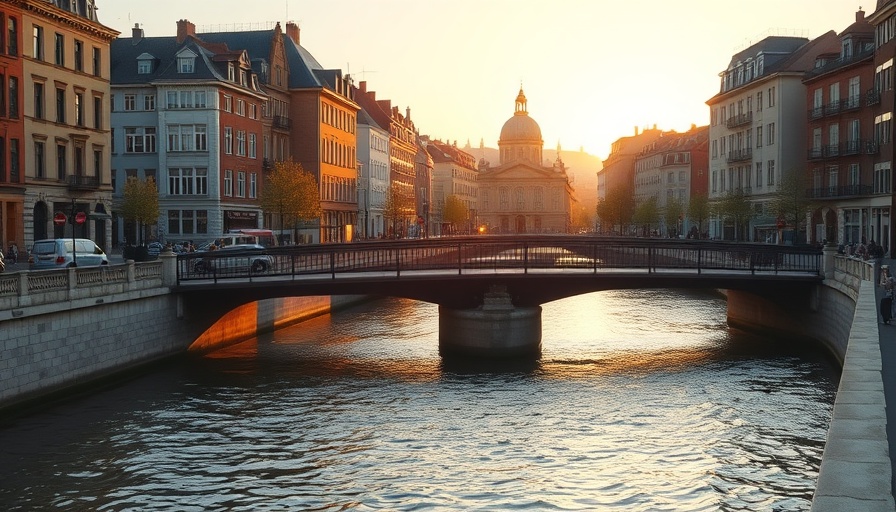 Charming urban view in Iowa with historic buildings and bridge at sunset.