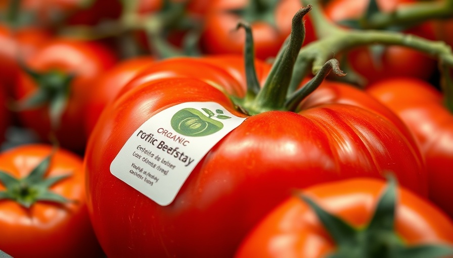 Organic beefsteak tomato with sticker, highlighting tax on Mexican tomatoes.