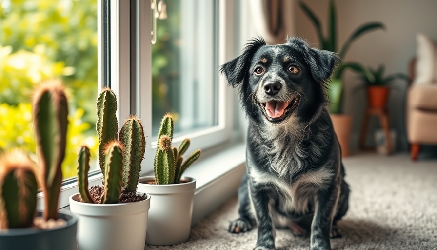 Happy dog by window with cacti, showcasing how dogs see the world.