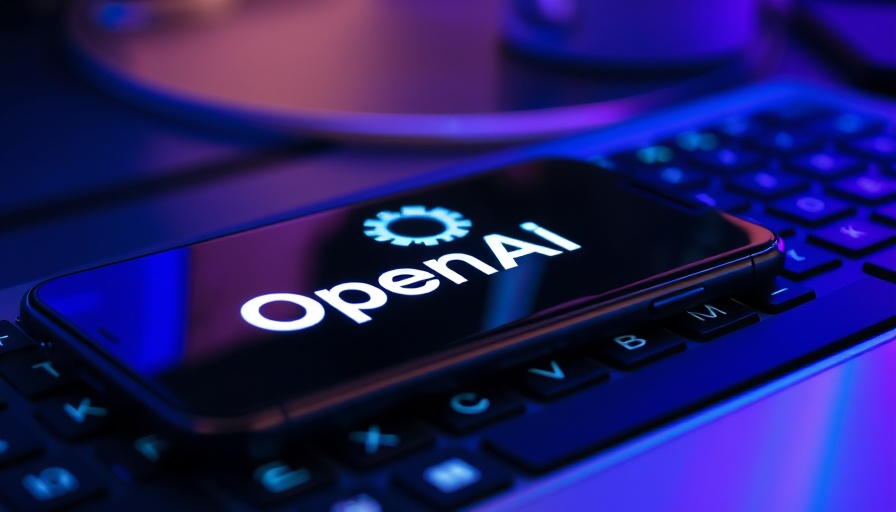 Glowing OpenAI logo on phone over keyboard; futuristic lighting.