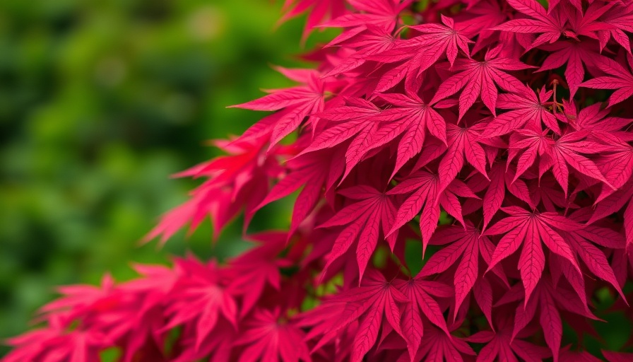 Vibrant red Japanese maple leaves with a green background.