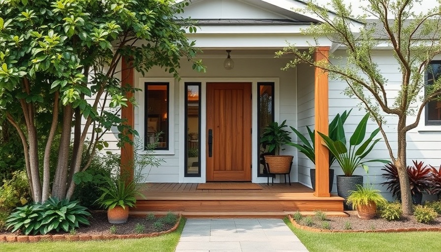 Inviting house entrance with lush greenery - downsizing your home signs.