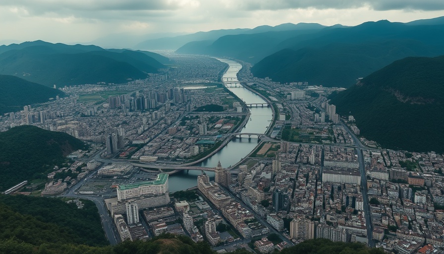 Aerial view of city in valley with river, hills; Operation Sindoor landscape.