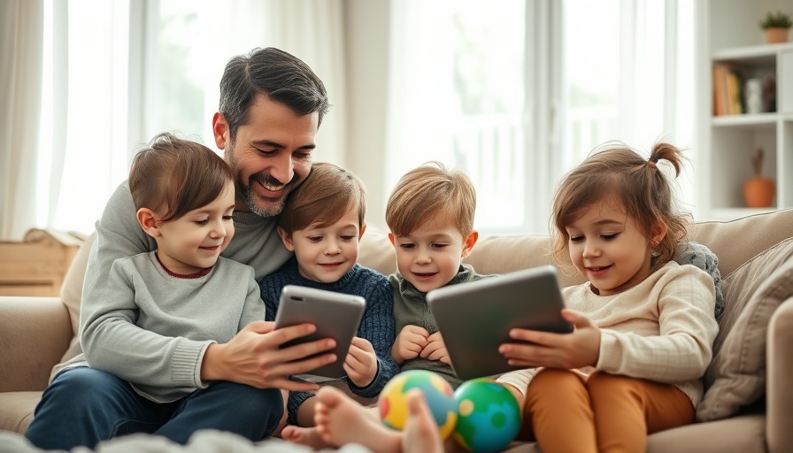 Family exploring technology and play in warm living room.