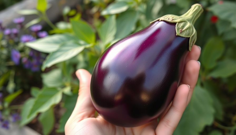 Eggplant blossom drop example: person holding ripe eggplant in garden.