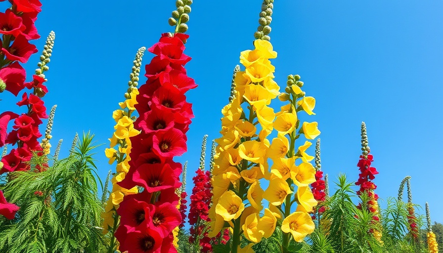 Abundant hollyhock flowers blooming under a clear blue sky.