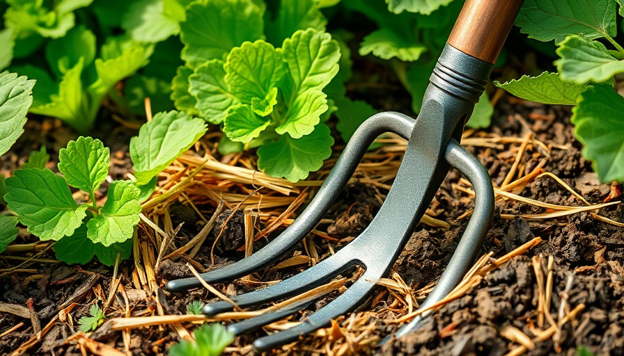 Metal pitchfork in straw mulch in vegetable garden