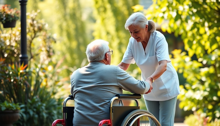 Elderspeak communication in elder care shown with caregiver and elderly in garden.