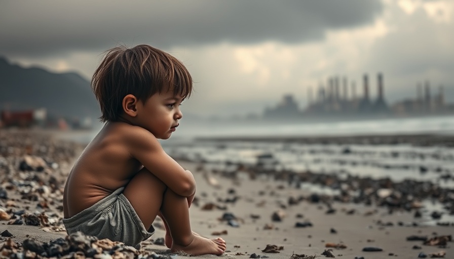 Child on polluted beach reflecting environmental concerns.