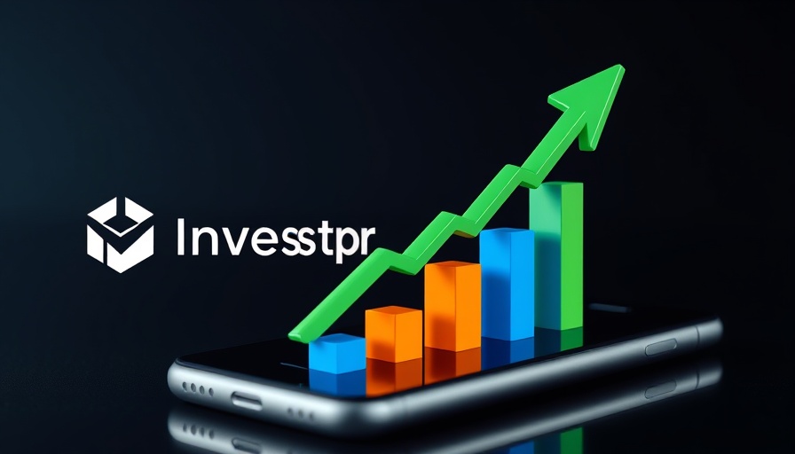 Financial growth concept with smartphone 3D chart in dark background.
