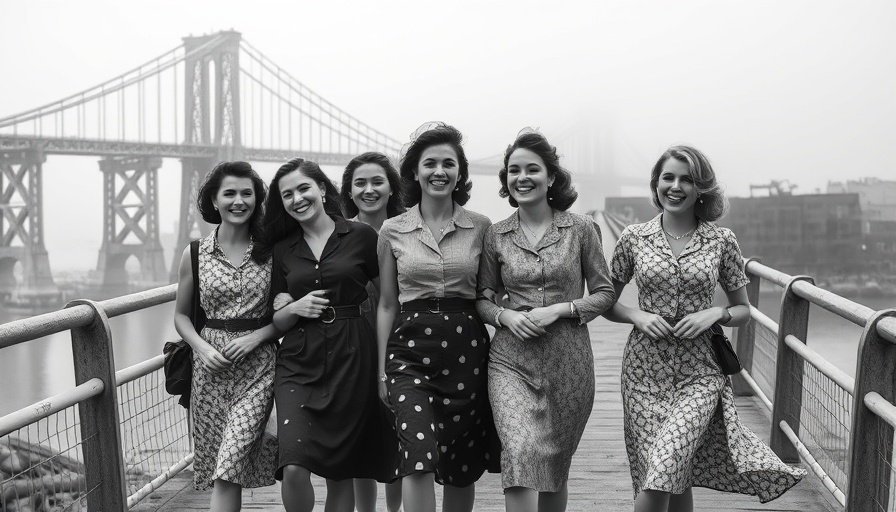 Joyful women walking on an incomplete bridge, vintage 1950s photo.