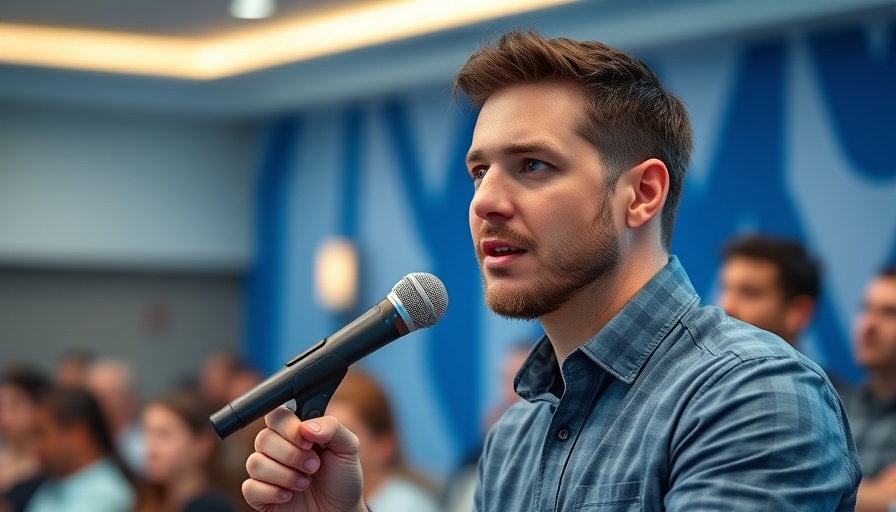 Casual man presenting on Klarna revenue, indoor conference setting.
